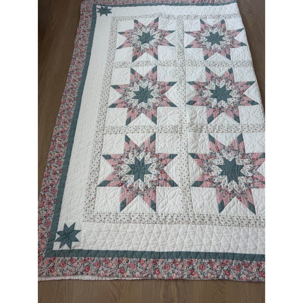 Vintage Arch Quilts 8 Point Star Patchwork Quilt Sage Green/pink 65”x80”
